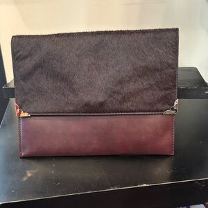 Women's Two-Tone Haircalf & Leather Clutch Wristlet in Dark Brown and Burgundy